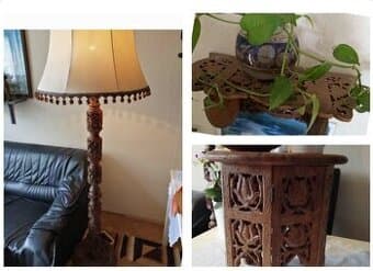 Stojací lampa+stoleček+police ..vše ručně vyřezávané Indie