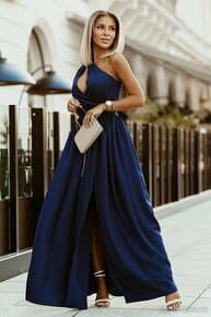 Dlouhé společenské šaty s rozpakem v námořnické modré