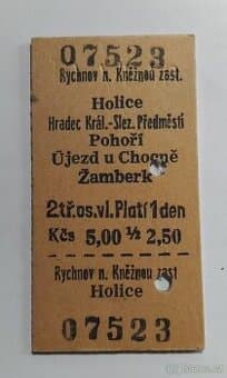 Stará vlaková jízdenka-Rychnov n. Kněžnou-Holice  1976