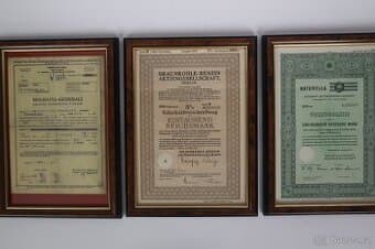 zarámované historické akcie, 13 kusů