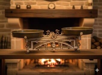 Starožitné kuchyňské váhy s mosaznými miskami – dekorace